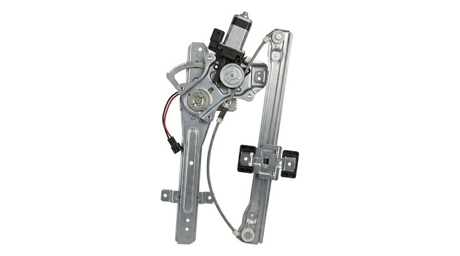 Automotive electric window regulator mechanism with motor assembly for vehicle door isolated on white background, essential car replacement part for smooth window operation and repair