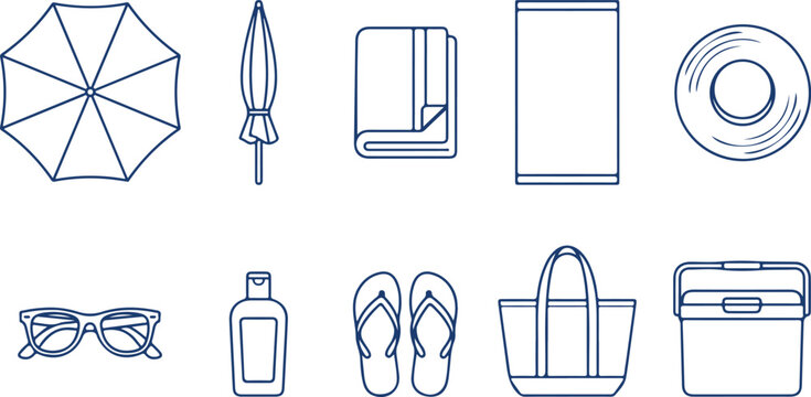 Collection of beach items, sun umbrella, rolled towel, beach bag, cooler, flip flops, sunglasses, and sunscreen bottle.