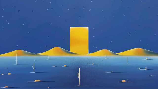 Surreal mojave desert night landscape, minimalist style, surreal and mysterious tone. Vector.