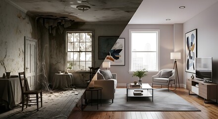 Fototapeta premium Home Renovation Concept: Before and After Interior Room Transformation