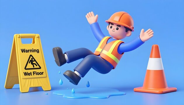 Cartoon construction worker slips on wet floor, cartoon style safety warning