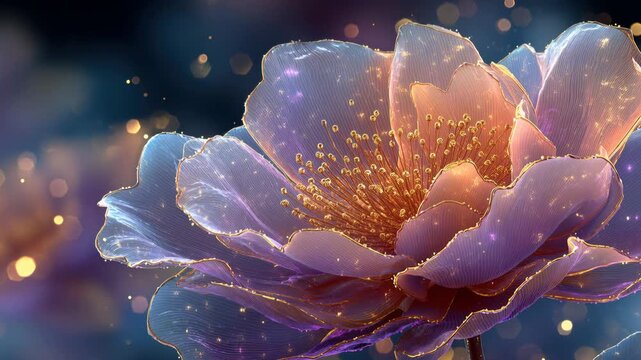bloom with glowing petals and stamens, digital art, magical flower, luminous blossom, enchanted flora, celestial petal, radiant bloom.
