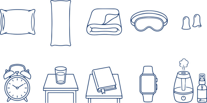 Collection of bedtime items and sleep positions for good night rest with comfort and relaxation icons.