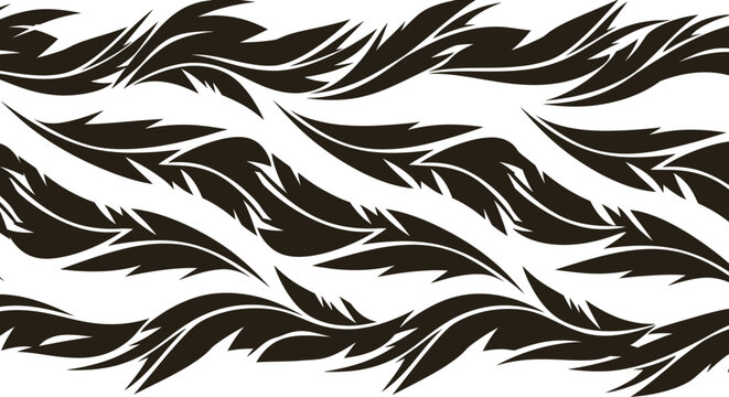 Seamless pattern of stylized dark feathers on white background.