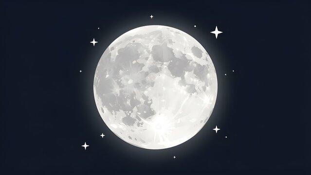 Magical full moon surrounded by 3d gold stars. Whimsical celestial element isolated on dark background