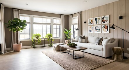 Fototapeta premium Elegant Living Room Interior with Art, Plants, & Natural Light