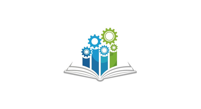 Open book with colorful bars and gear icons representing education and industry