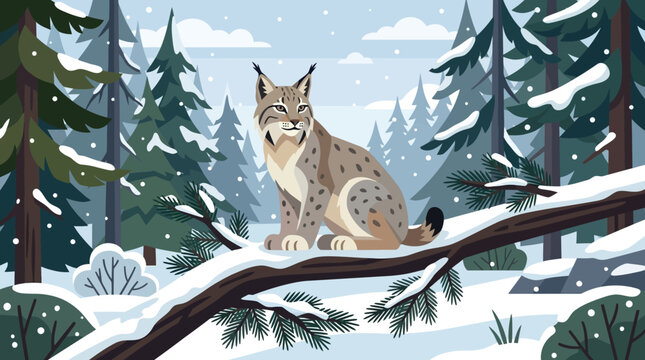 Lynx in winter forest illustration sitting on snowy branch and looking ahead
