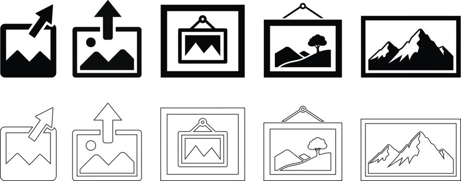 Picture frame icons set filled and outline styles landscape themes