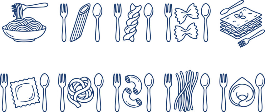 Set of blue line art icons for pasta and Italian food elements.