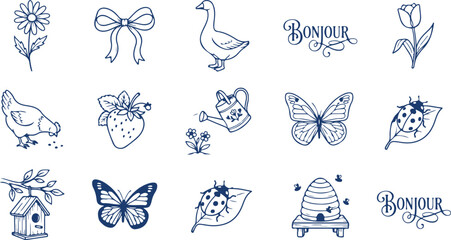 Hand drawn springtime elements goose flower butterfly ladybug bee birdhouse on transparent background. © Sadhin