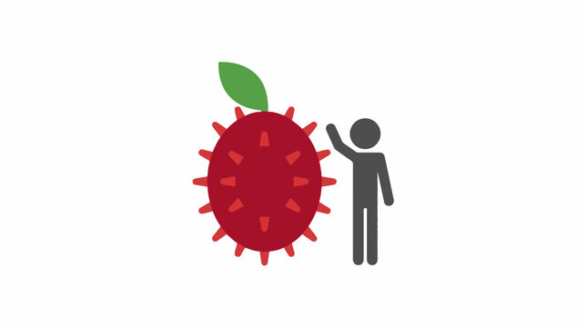 Human silhouette standing next to a large red rambutan fruit