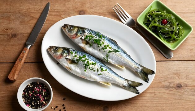 Two whole herring fish seasoned with herbs and spices on a white plate