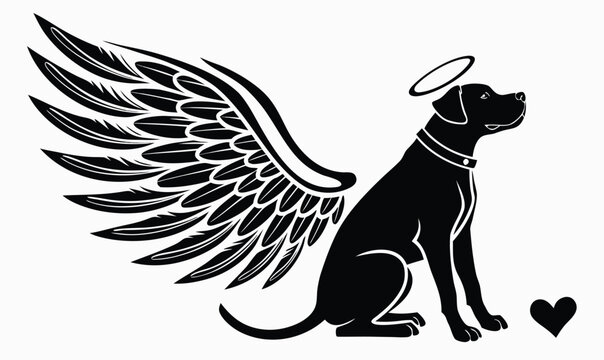 Angel dog silhouette with halo and feathered wings a tribute to a beloved pet symbolizing eternal love and remembrance isolated on a clean white background with a small heart icon