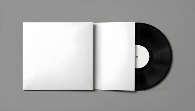 Blank white record sleeve with black vinyl record on a gray background