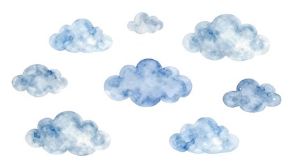 Fototapeta premium Whimsical watercolor clouds in various sizes and shades of blue