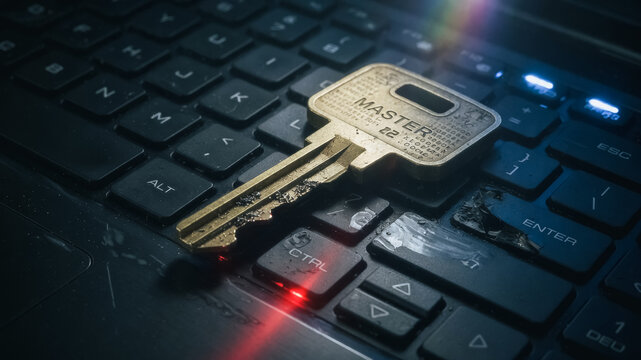 Brass master key on a dark laptop keyboard representing cybersecurity, digital access, and data protection concepts.