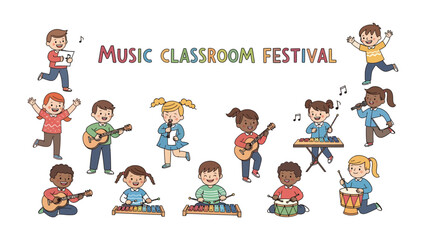 Fototapeta premium Music Classroom Festival: A vibrant illustration of children enthusiastically participating in a music classroom festival, playing various instruments and singing.