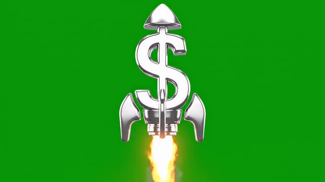Silver dollar sign rocket launching upwards on green screen