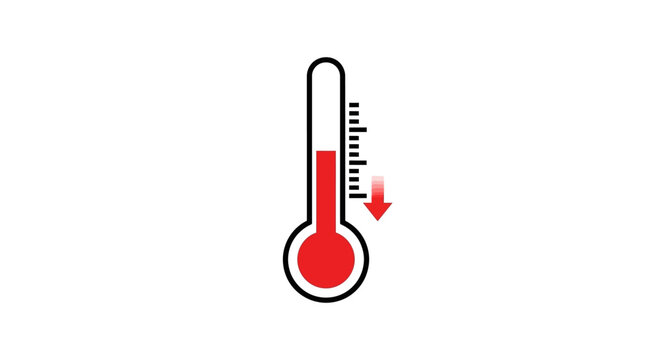 Thermometer Showing Decreasing Temperature with Red Arrow on White Background