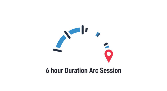Time duration meter graphic with 6 hour arc session and location pin