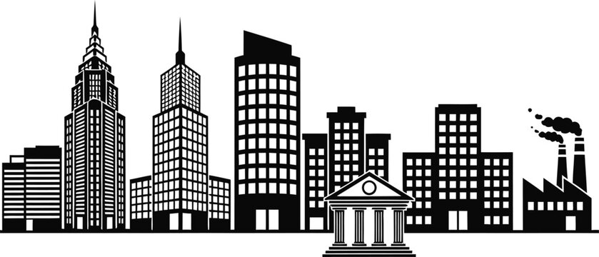 Modern city skyline panorama with skyscrapers bank and factory black silhouette flat vector illustration isolated on white background