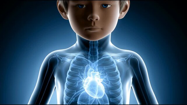 Child anatomy silhouette x ray chest glowing heart medical illustration human organ pediatric body healthcare radiology blue background science concept transparent anatomy glow heart medical x ray