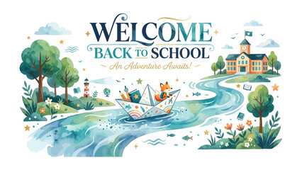 Back to School Adventure: A charming watercolor illustration depicts a whimsical scene of a fox in a paper boat sailing down a river, with trees, a lighthouse, and a school building in the background. © Hussain