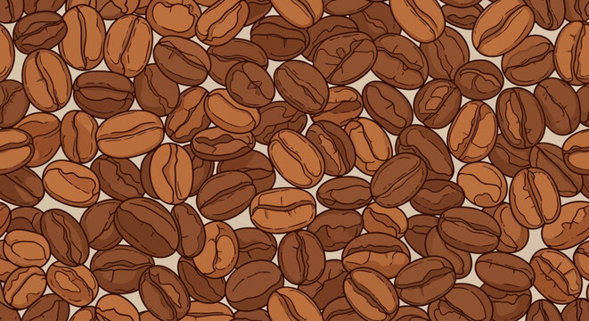 Seamless pattern of roasted coffee beans in a charming cartoon style.