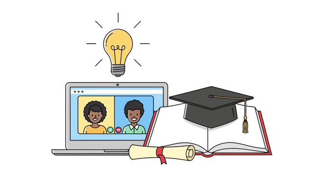 Online Learning and Graduation Concept with Virtual Students and Idea Bulb