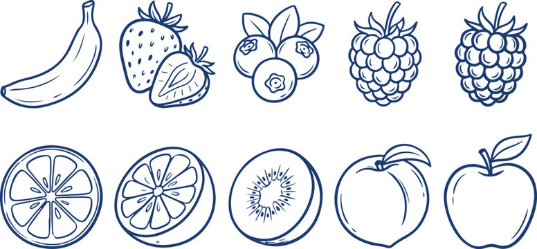 Healthy fresh fruits collection: banana, strawberry, blueberries, raspberry, blackberry, orange, kiwi, peach, apple.