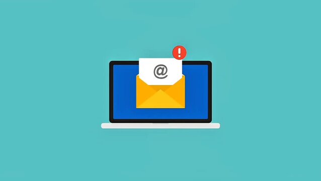 2D flat animation of a laptop displaying a new email envelope opening with an exclamation mark notification. Perfect for digital marketing, communication, and business alert concepts