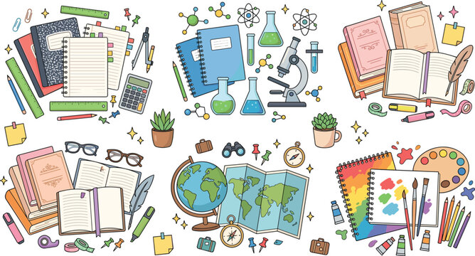 School Education and Study Supplies Collection Vector Illustration with Books, Science Equipment, Maps, and Creative Learning Elements