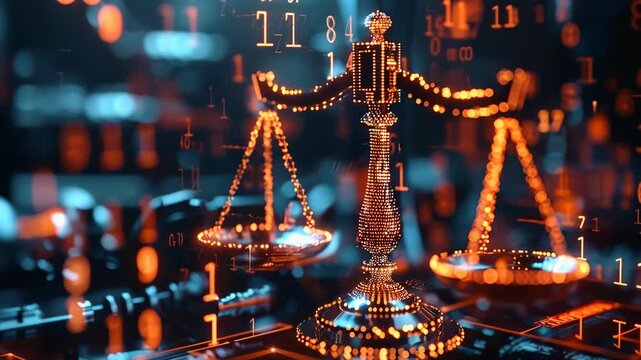 Glowing digital scales tipping in futuristic legal setting, cyber law, justice tech, algorithmic fairness, data driven jurisprudence, ethics, digital courtroom.