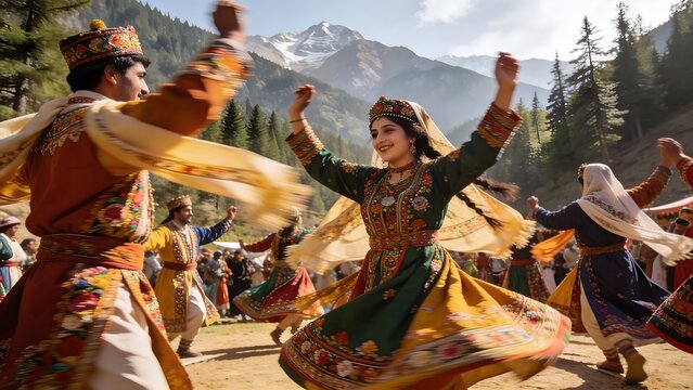 Photograph of a vibrant cultural dance in a mountainous region. A woman in traditional green and yellow attire with a flowing scarf dances energetically, surrounded by other dancers in colorful attire