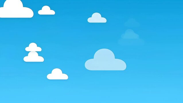 2D cartoon animation of white clouds floating on a clear blue sky background. Ideal for kids' content, weather forecasts, and simple nature presentations with copy space