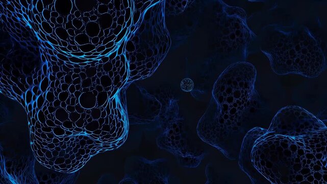 Blue abstract structure representing microscopic cell growth. Biological formation of cellular organisms. Medical concept of genetic engineering and bioengineering.