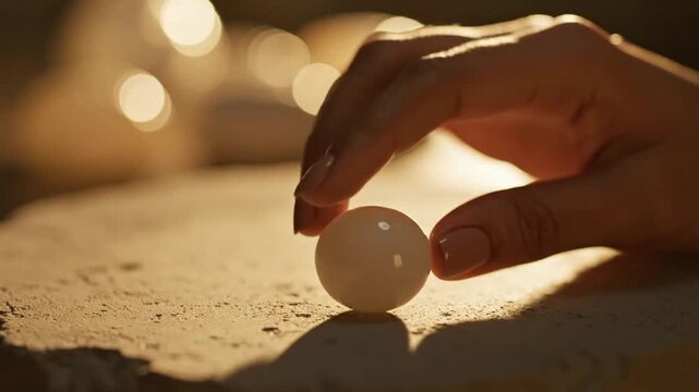 Single white marble on rough concrete surface with bokeh background
