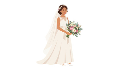 Fototapeta premium Happy bride in elegant white wedding dress holding bouquet, isolated on white background