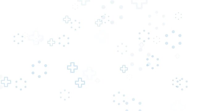 Minimalist medical background animation with floating blue cross icons and abstract dot particles on white. Perfect for clean healthcare, clinical, and science presentations