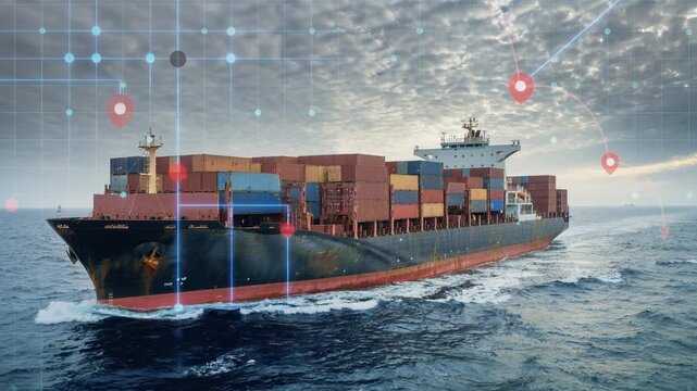 Large cargo ship sailing in open ocean with digital tracking overlays for maritime navigation and logistics