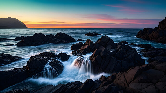 Ocean waves crashing on dark rocky shore at sunset with colorful sky