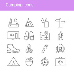 Fototapeta premium Camping and travel icons set. Outdoor related editable stroke