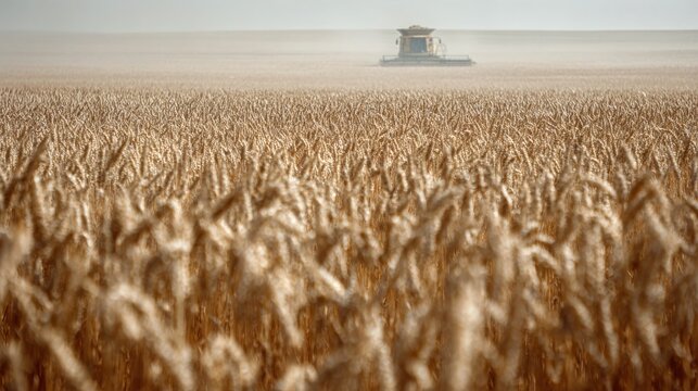 Combine harvester working in a golden wheat field