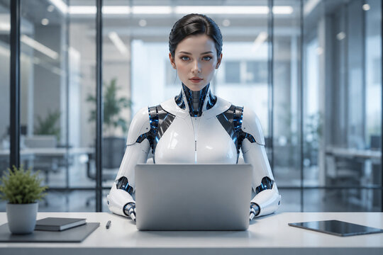 Realistic Female Humanoid Robot Sitting at Desk Working on Laptop in Modern Corporate Office, Artificial Intelligence and Future of Work Concept
