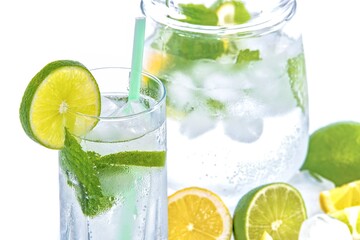 Fototapeta premium Refreshing mojito drink with lime mint and ice cubes