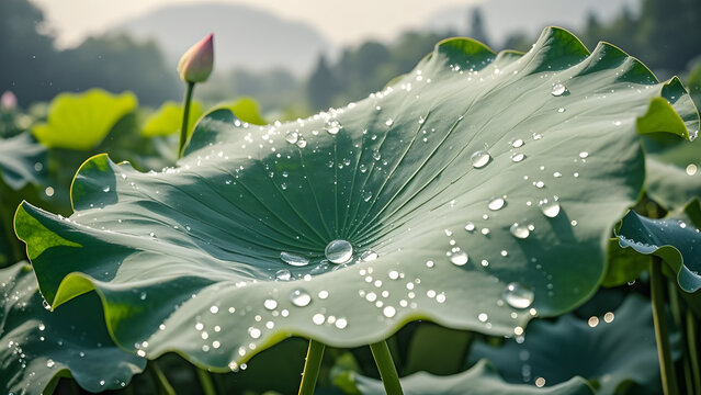 Large green lotus leaf with water droplets and pink bud in background