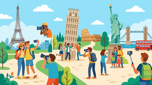 Tourists explore world landmarks taking photos travel tourism illustration