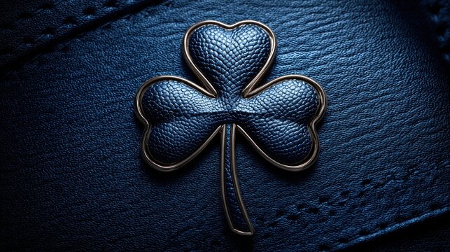 Smooth velvet blue texture with embossed shamrock pattern and metallic outline on dark leather