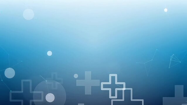 Medical background animation with white cross icons, floating bokeh particles, and plexus network lines on a blue gradient. Ideal for healthcare presentations and clinical corporate videos